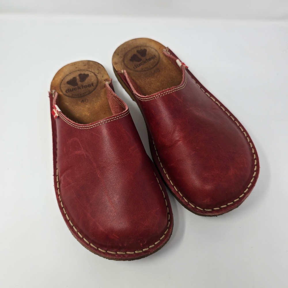Duckfeet Blavand Leather Slip On Clogs Mules Red Granate Danish Shoes 40 Unisex
